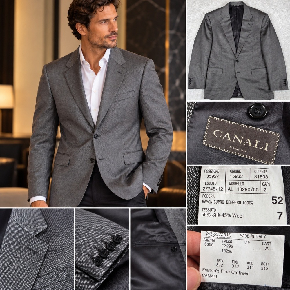 Canali Blazer Men 52/7 Grey Wool Silk Blend Italian Two Button Up Sport Coat
